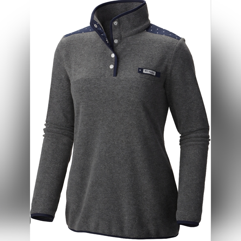 Columbia PFG Women's Gray Fleece Pullover Polka Dot Trim Size Small T-3371